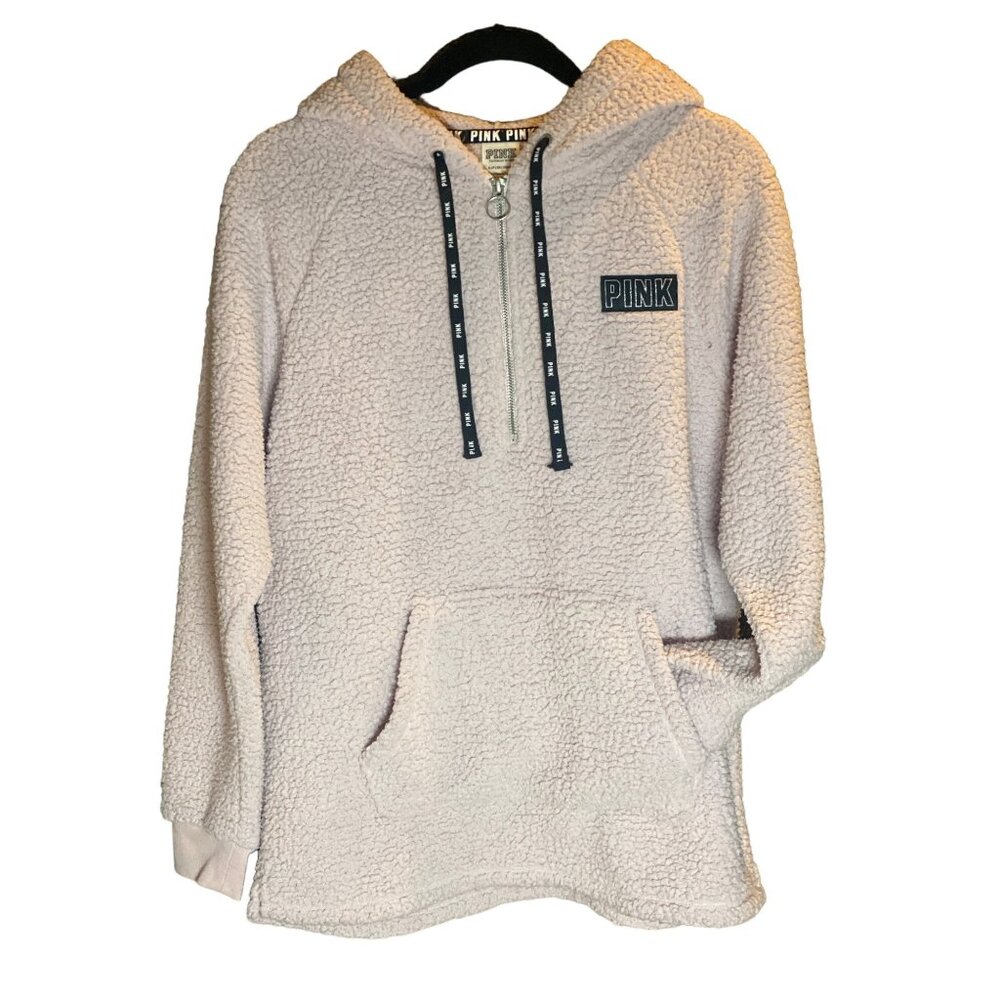 VS PINK Sherpa Pullover Small Relaxed Fit Hooded Half Zip Closure Kangaroo Pocke